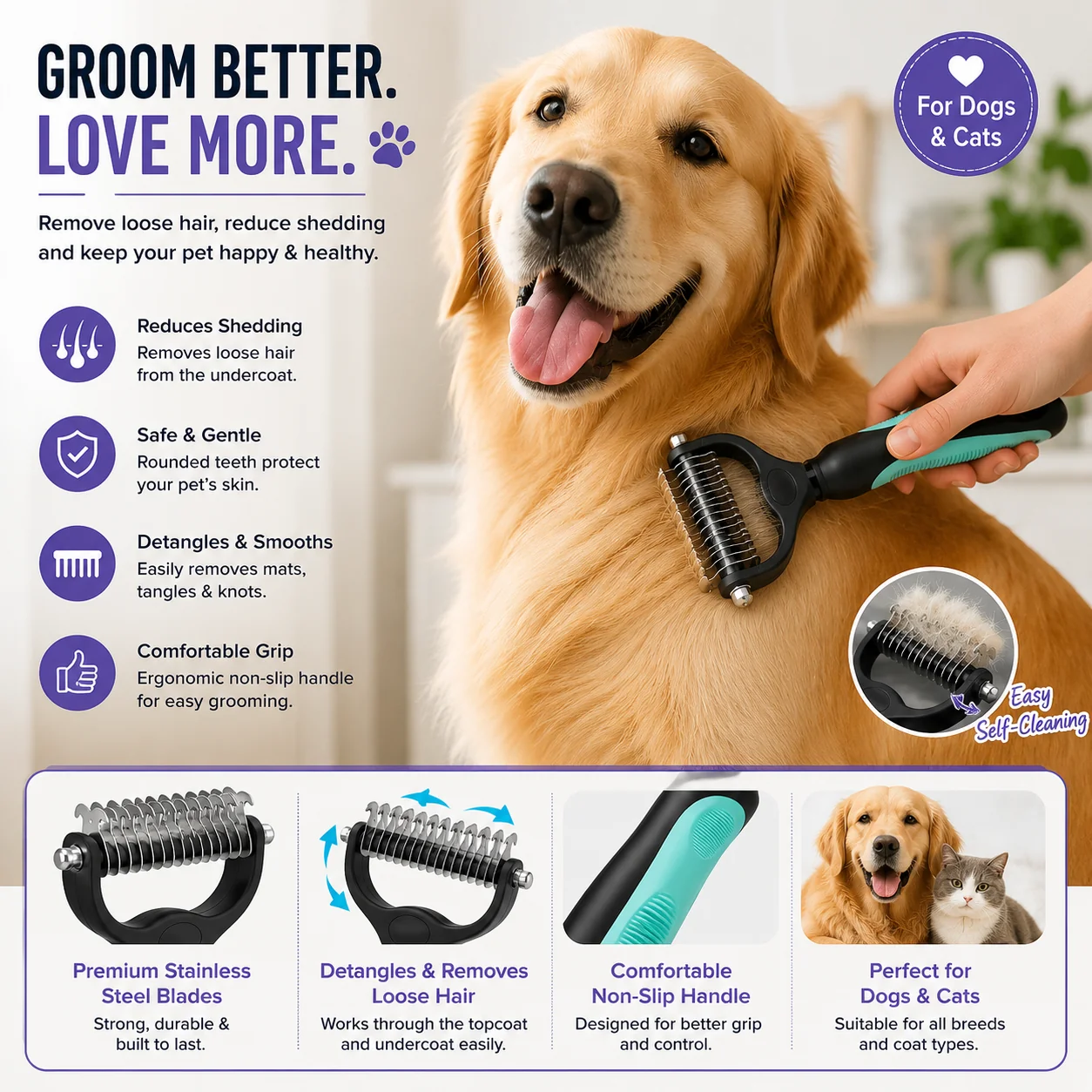 2-in-1 Pet Deshedding Brush for Dogs & Cats